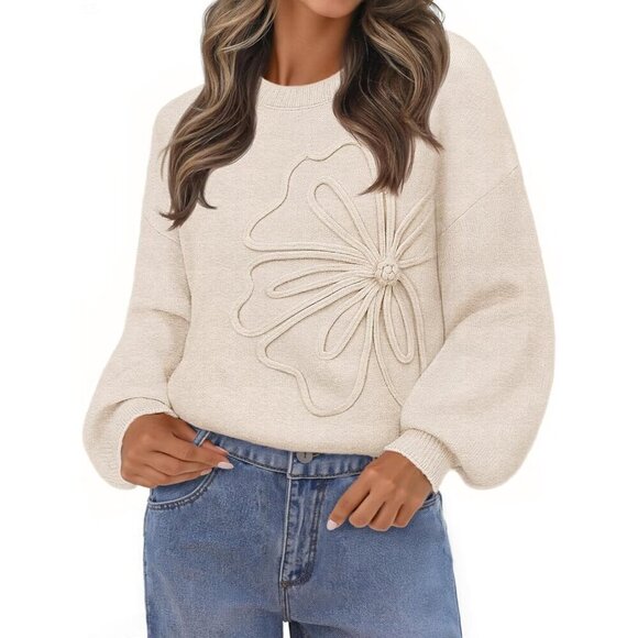 Sweaters - Women's Winter Floral Sweater Crew Neck Lantern Sleeve 2025 Fall Trendy Warm Chu